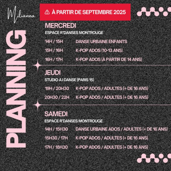 planning des cours de danse de milianna saison 2025 2026