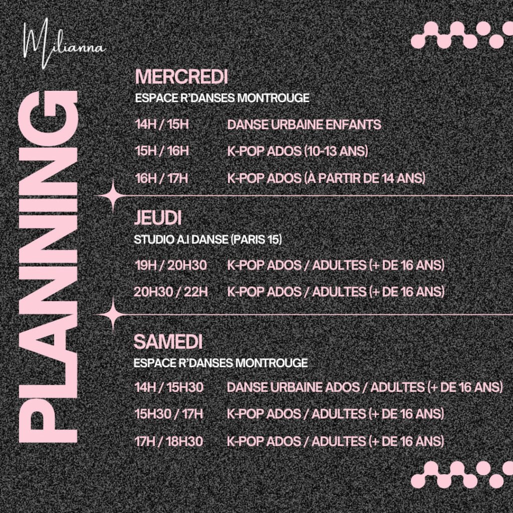 planning des cours de danse de milianna saison 2025 2026