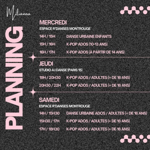 planning des cours de danse de milianna saison 2025 2026